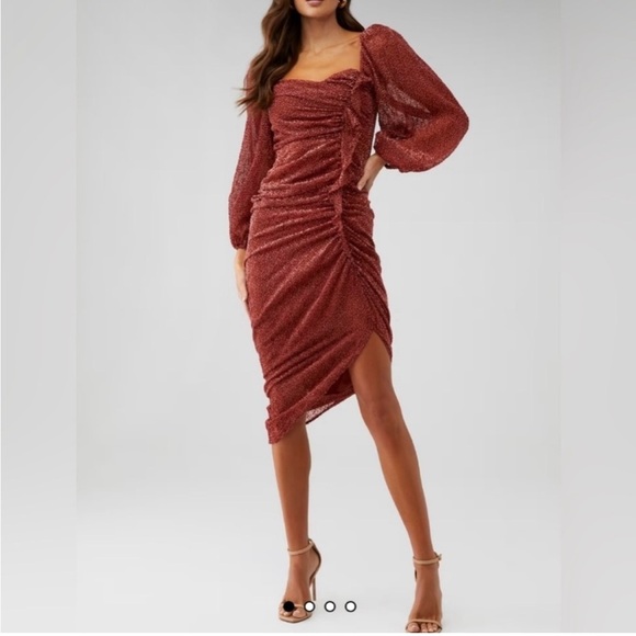 ASTR Athens Ruched Puff Sleeve Burnout Velvet Midi Dress Burnt Orange - Picture 1 of 9